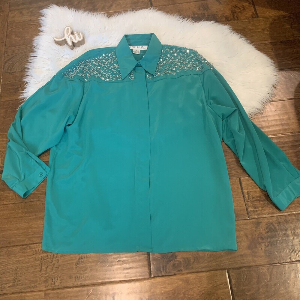 Harbour Vue Vintage Beaded Button Down Blouse Womens Size 40 L Green Silver New